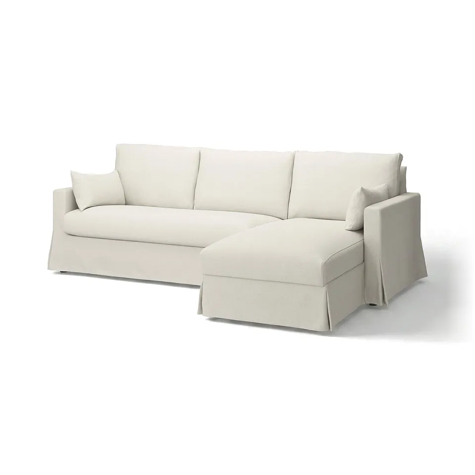 HYLTARP beige sectional sofa, 3-seat with chaise, clean lines, comfy, fabric with linen & viscose.