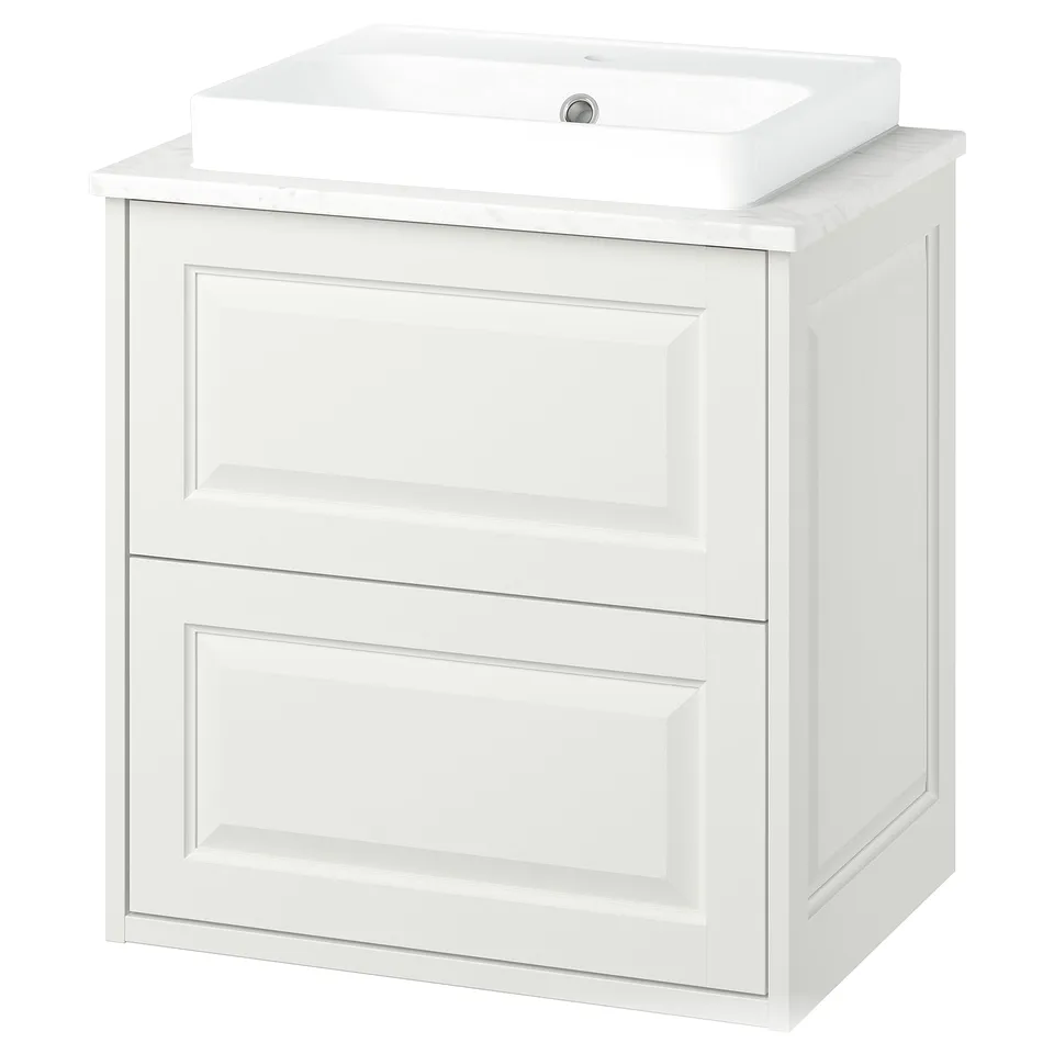 A white TÄNNFORSEN bathroom vanity with a rectangular shape and bevelled edges, featuring two drawers and a ceramic semi-recessed basin atop.