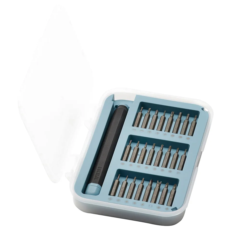 TRIXIG screwdriver set in blue, organised in a magnetic case with multiple bit slots and a black handle.