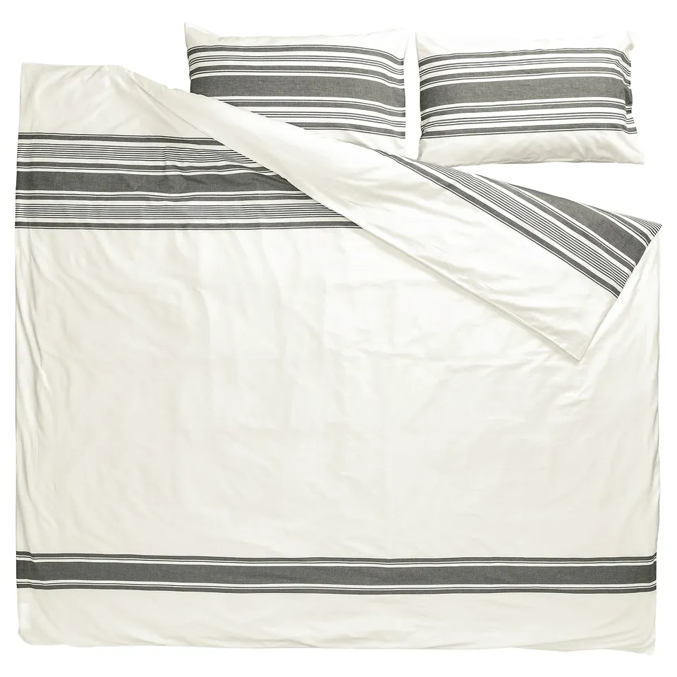 JÄTTEFRÄKEN bedding set, black and white stripes on white, cotton, rectangular, flat layout.