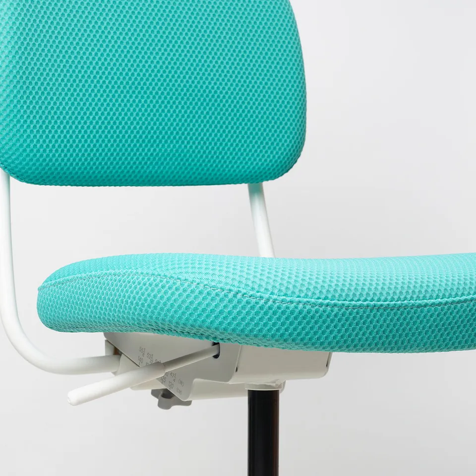 Bright turquoise office chair close-up; shows adjustability and sleek design.