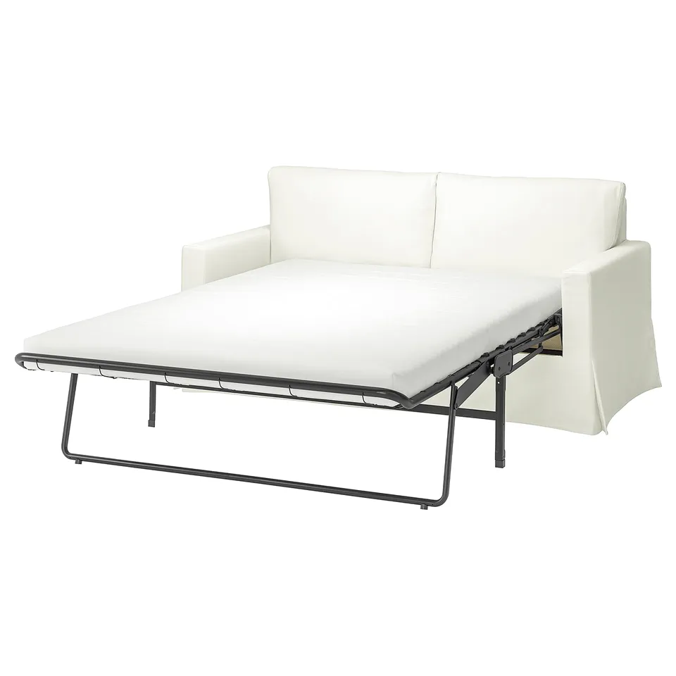 HYLTARP sofa-bed in white, sleek modern design with metal legs, convertible for comfort.
