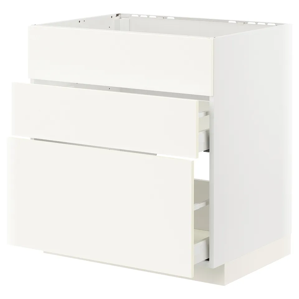 A white METOD kitchen cabinet with drawers, sleek design, and smooth-running drawers.