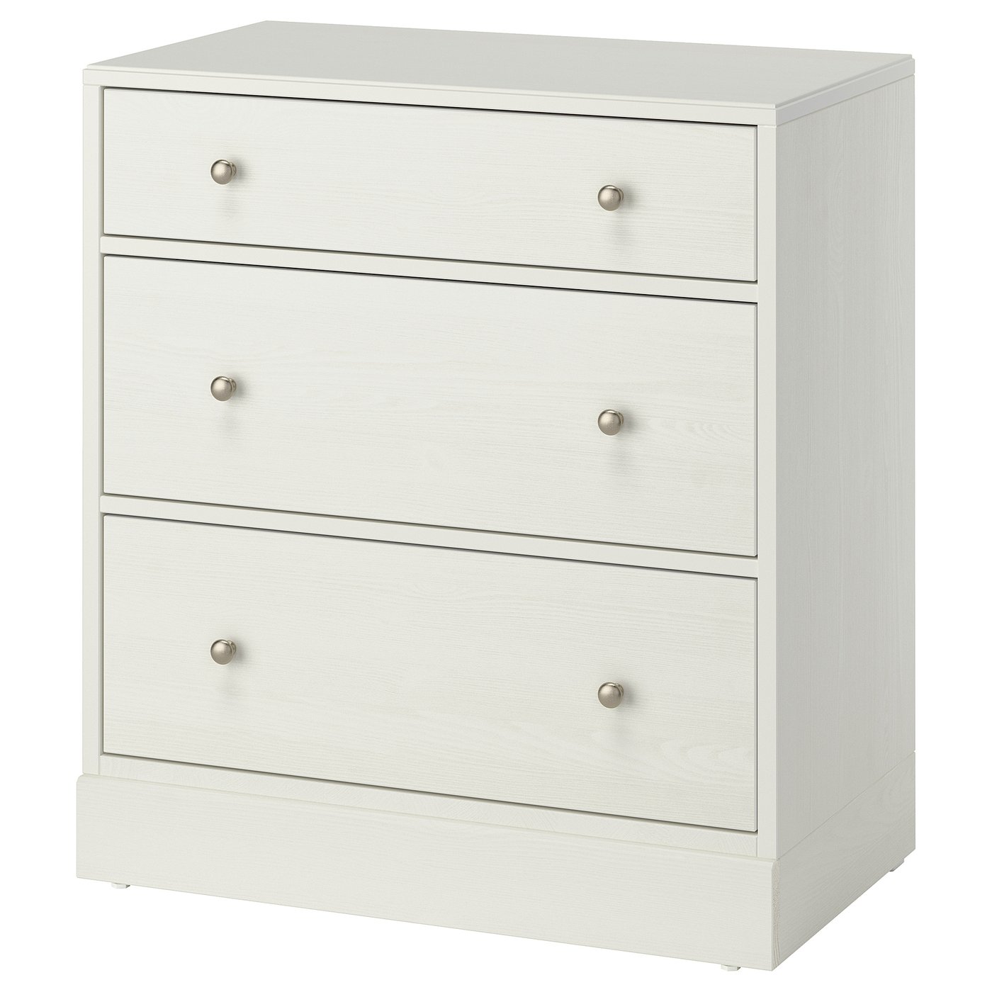 A white HAVSTA chest of drawers with three drawers. Its made of solid pine, has round knobs, and a simple, clean design.