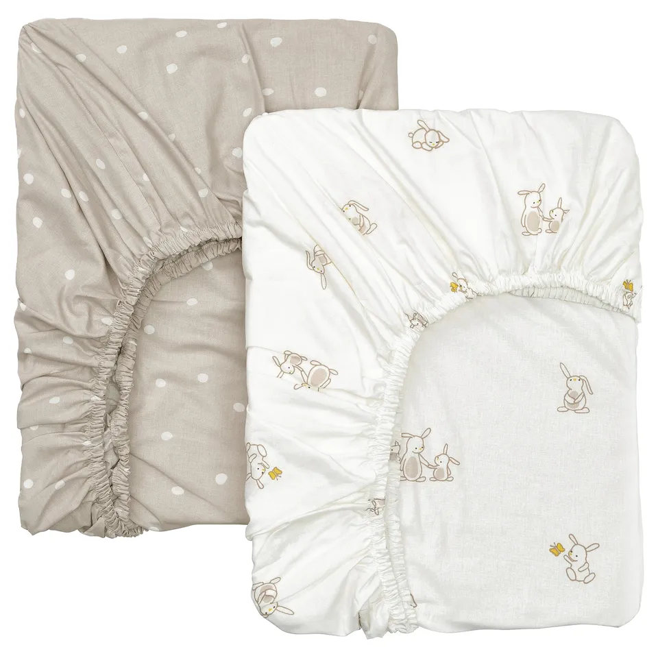 LEN Fitted sheet for cot, white beige/dot pattern bunny pattern, 60x120 cm