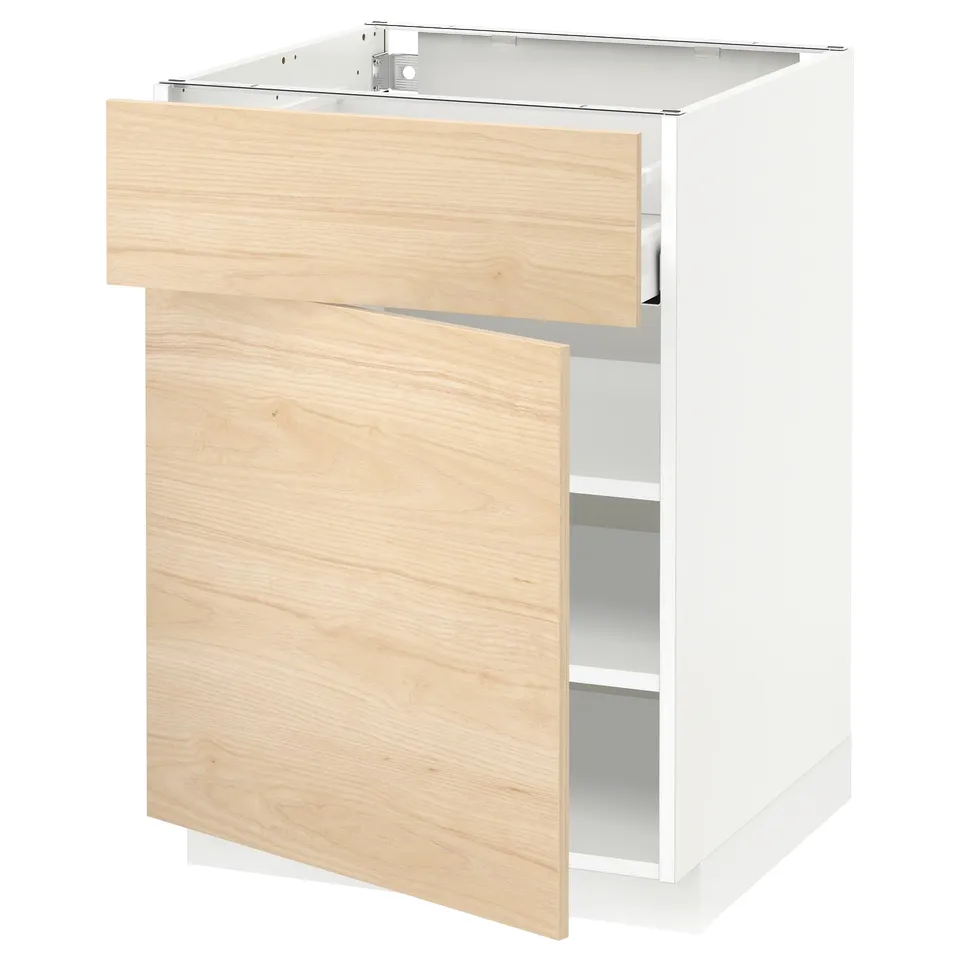 The ikea METOD kitchen cabinet with a light ash wood front, featuring a drawer and shelves.