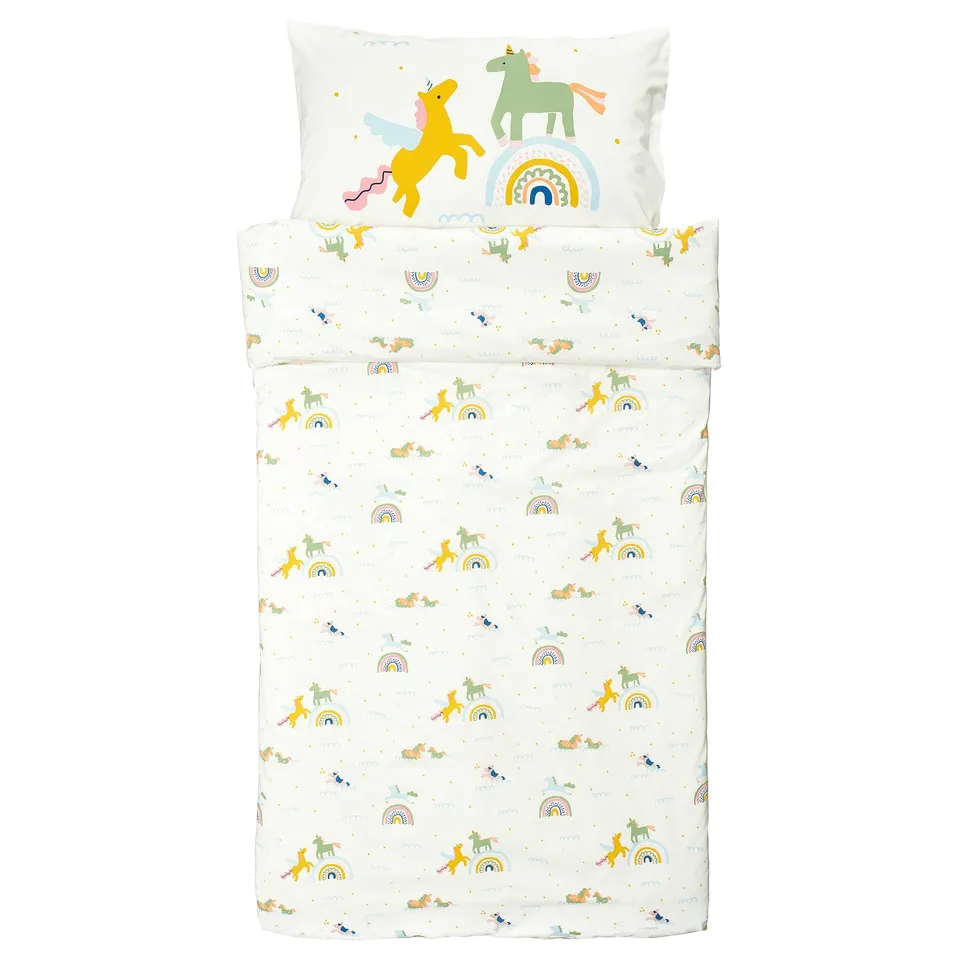 Yellow-green horse bedding set, BARNDRÖM, with rainbows. Cotton duvet & pillowcase.