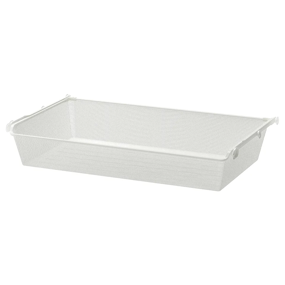 Ratify white metal mesh storage basket with handles, ideal for organising clothes and accessories.