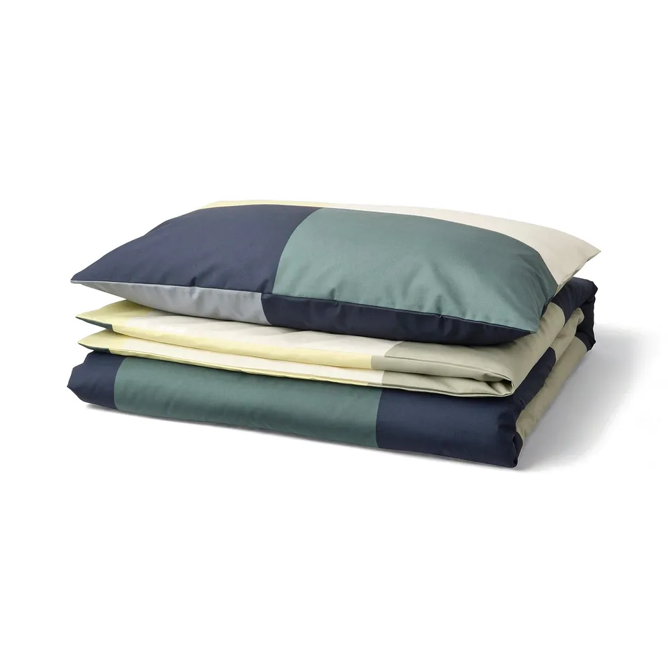 BRUNKRISSLA bedding set: colourful chequered design, rectangular shape, folded, navy, green, beige, cotton-viscose blend.
