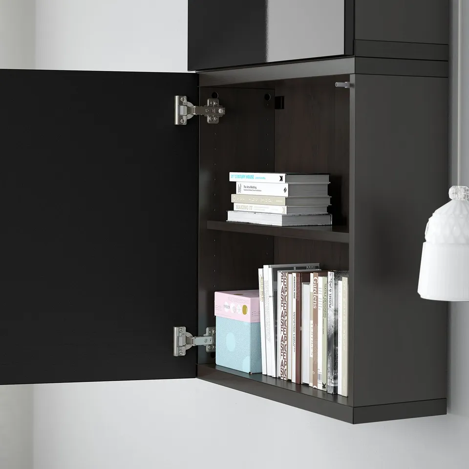 Black modern wall cabinet with shelves and visible storage.