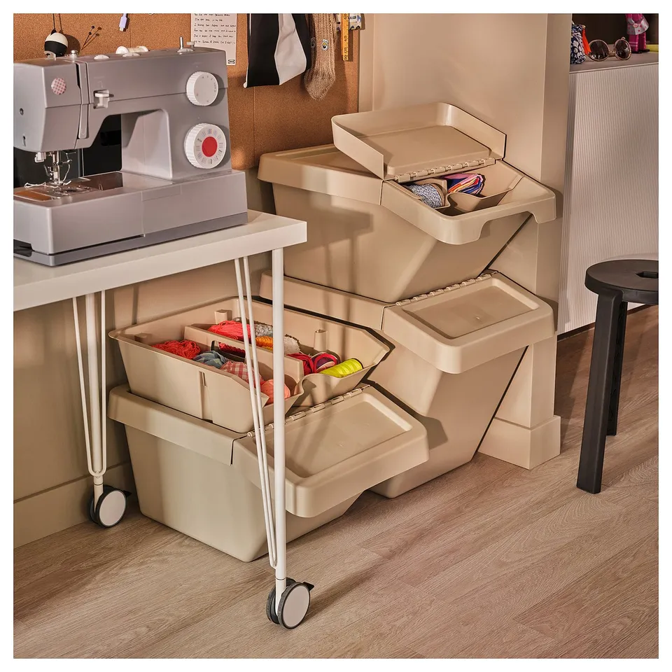 SORTERA Sorting bin with lid, beige, 60 l