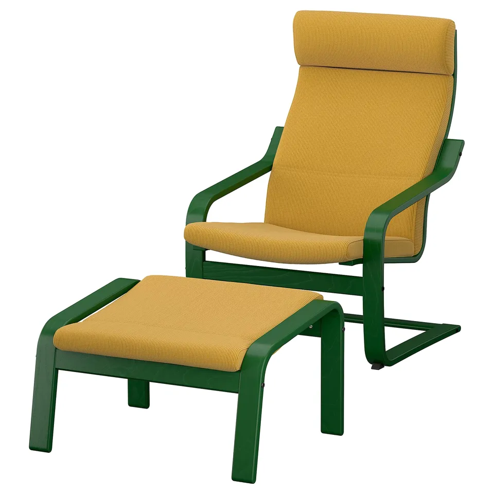 Yellow-mustard POÄNG armchair and footstool with green frame, designed for comfort.