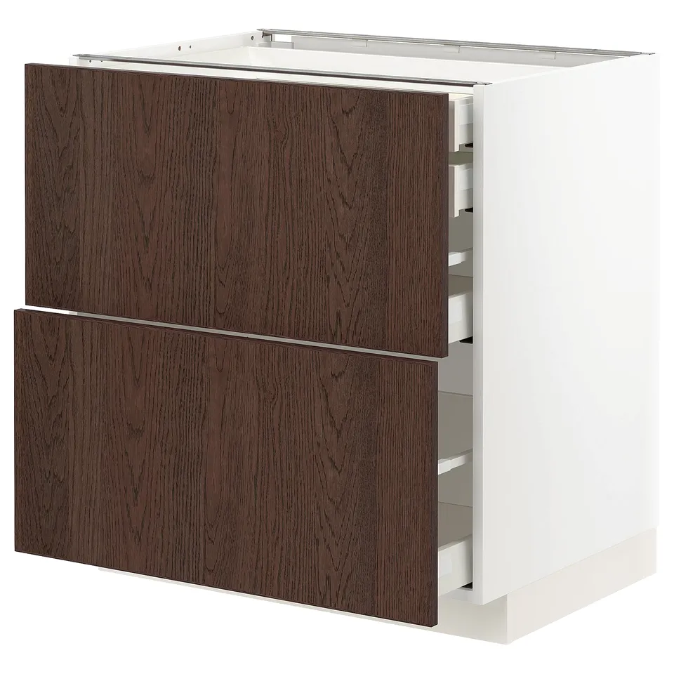 Modern kitchen cabinet, white & dark brown, wood finish, two drawers open, sleek design.