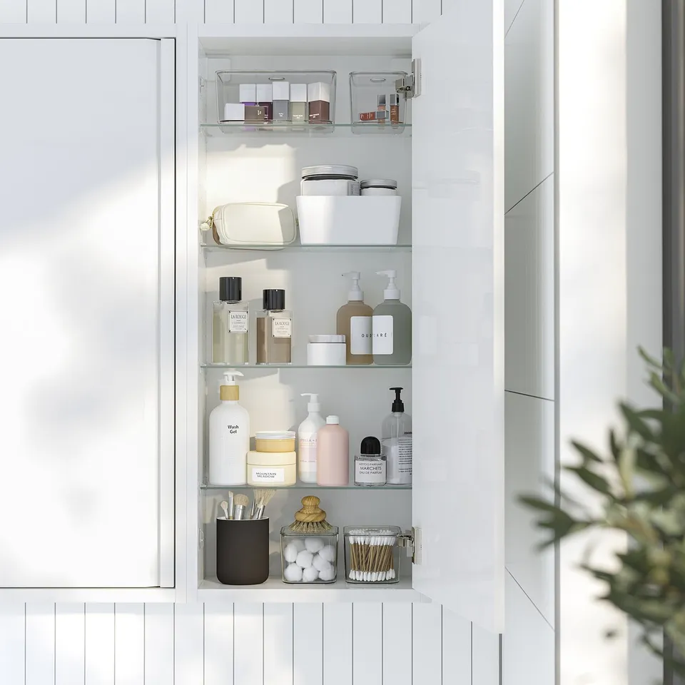 ÄNGSJÖN bathroom cabinet with glass shelves holding toiletries, sleek handles, wall-mounted for efficient space use.