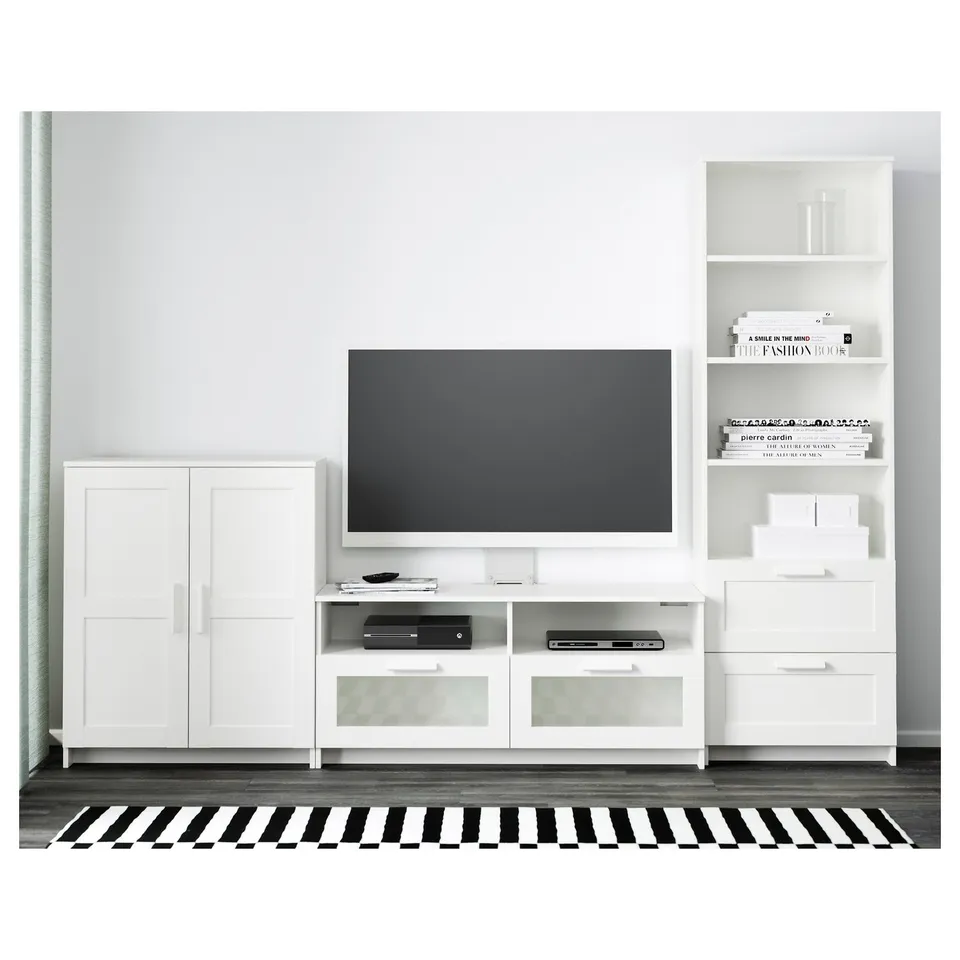 Modern tv unit with drawers and shelves for storage, customizable interior layout, cable management, and wall mounting capabilities.