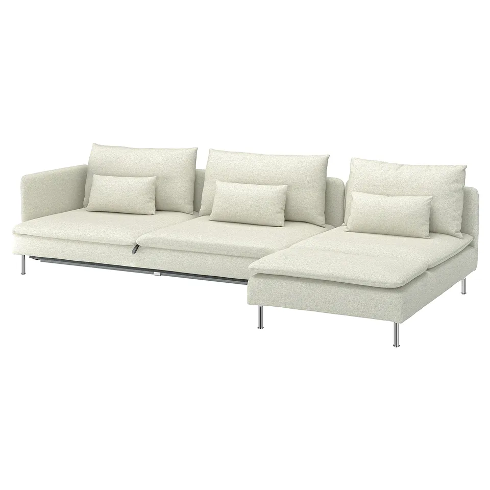 SÖDERHAMN cream white sectional. Modern, low-profile with high legs. Comfortable, convertible design for seating or sleeping.