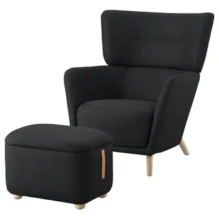 OSKARSHAMN wing chair with footstool, Gunnared black/grey
