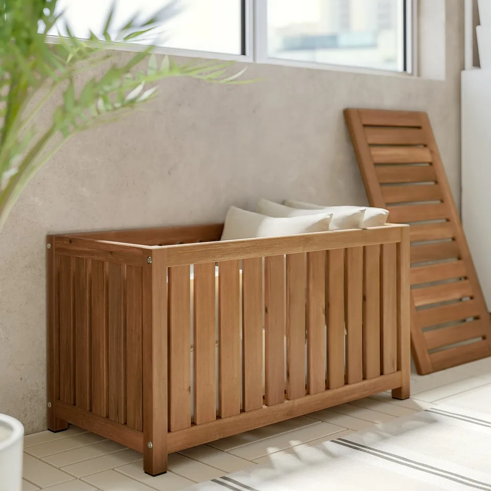 Wooden balcony furniture set: seat, storage, comfortable, natural finish.