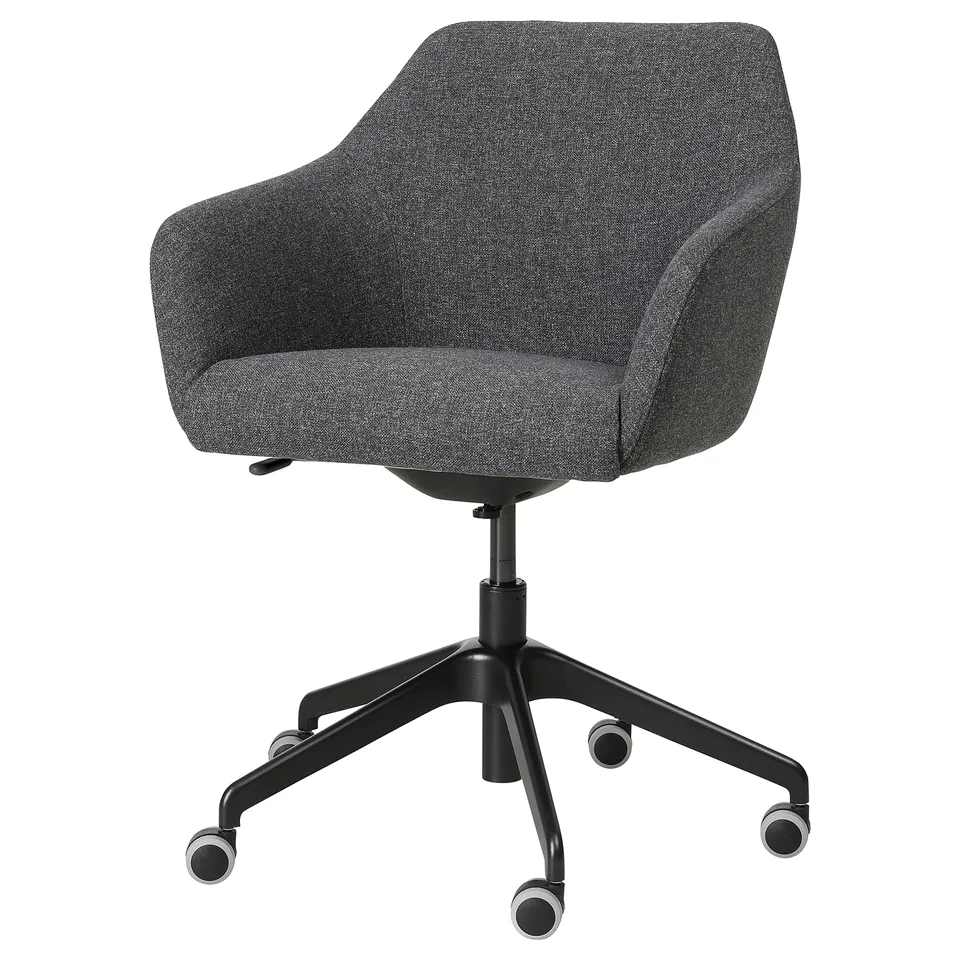 TOSSBERG office chair: grey, curved upholstery, black base, castors, padded, swivel.