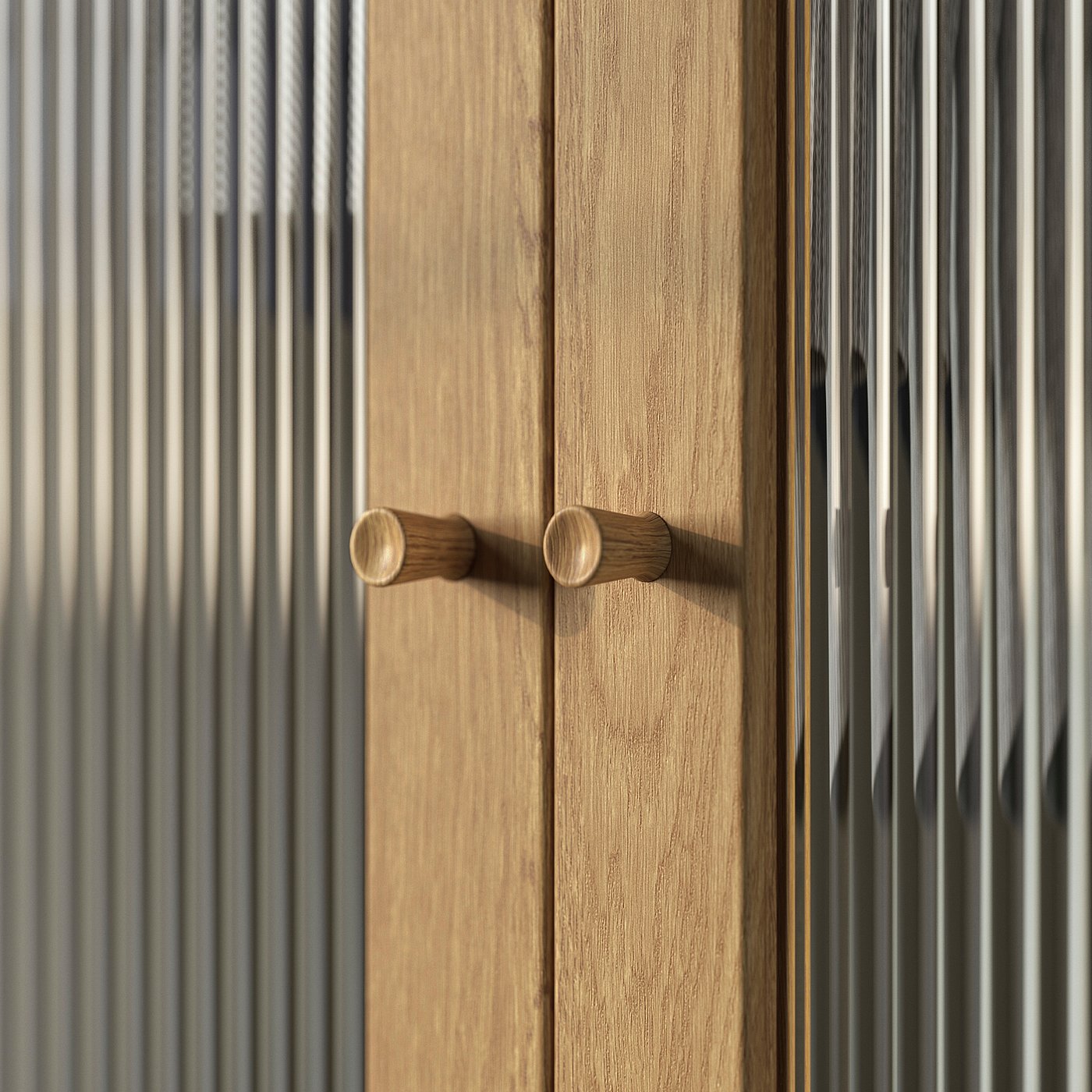 Wooden door handles on light-colored wooden door with vertical grooves. Minimalist and modern design.