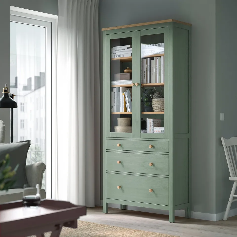 part: HEMNES glass-door cabinet with 3 drawers