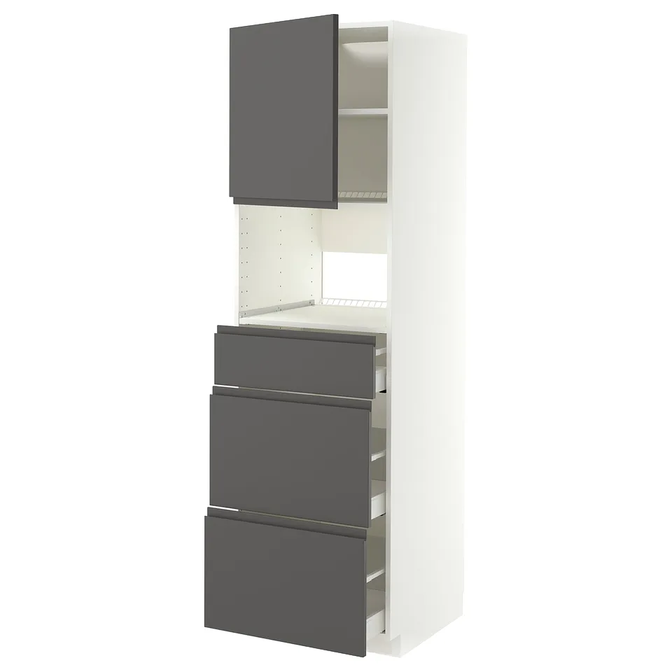 Modern METOD kitchen unit in white and dark grey; 3 drawers, tall cabinet with shelves.