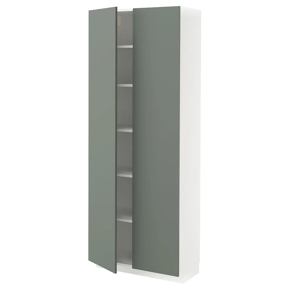 A tall white cabinet with a green door, featuring multiple shelves inside.