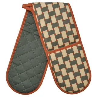 RINNIG oven mitt, patterned light beige/grey-green brown-red, Length 86 cm