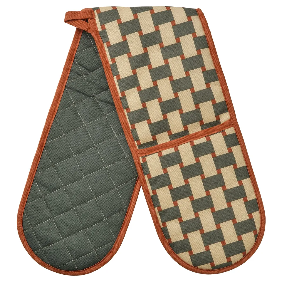 Beige/green/orange chequered oven mitt with hanger loop
