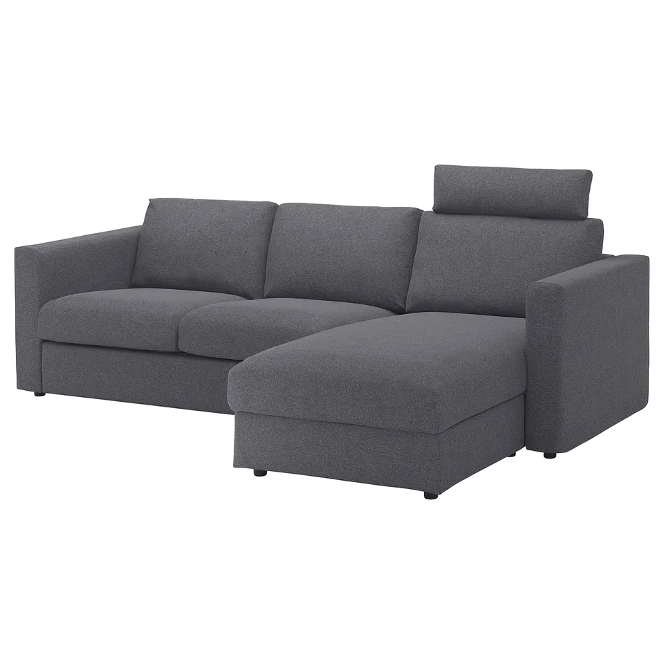 Dark grey VIMLE sectional sofa, l-shape, modern design, soft fabric.