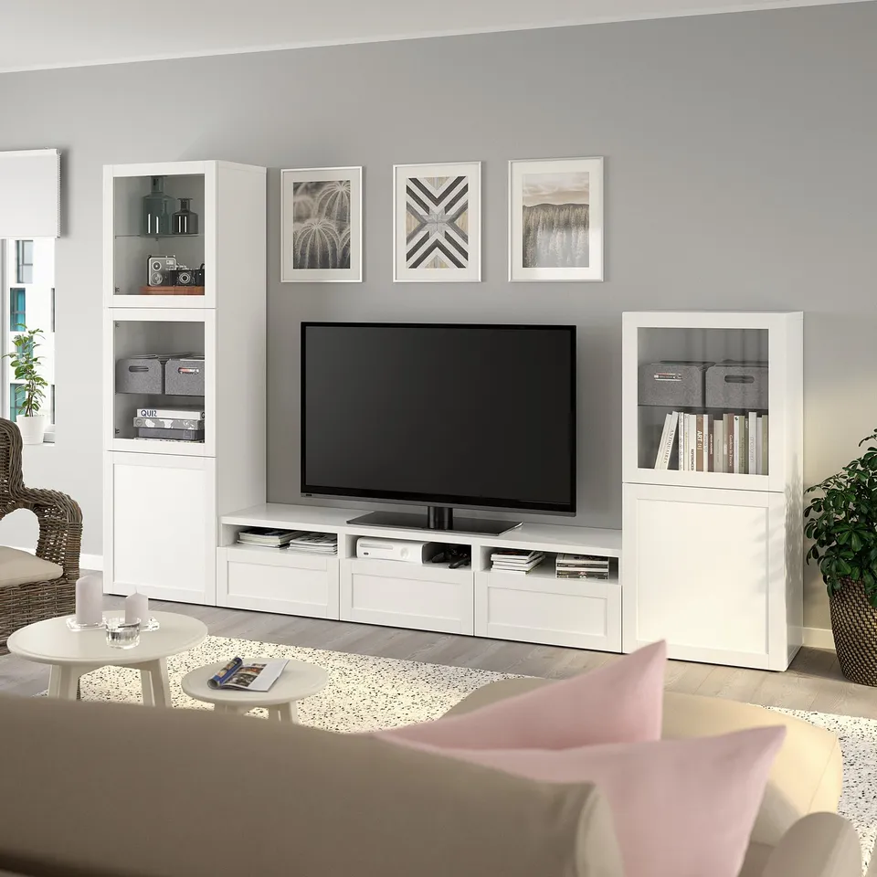 Modern living room with BESTÅ tv unit, sofa, & decor.