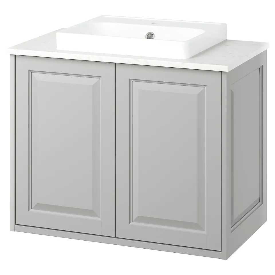 TÄNNFORSEN light grey vanity, wall-mount. White marble top, rectangular basin, sleek doors.