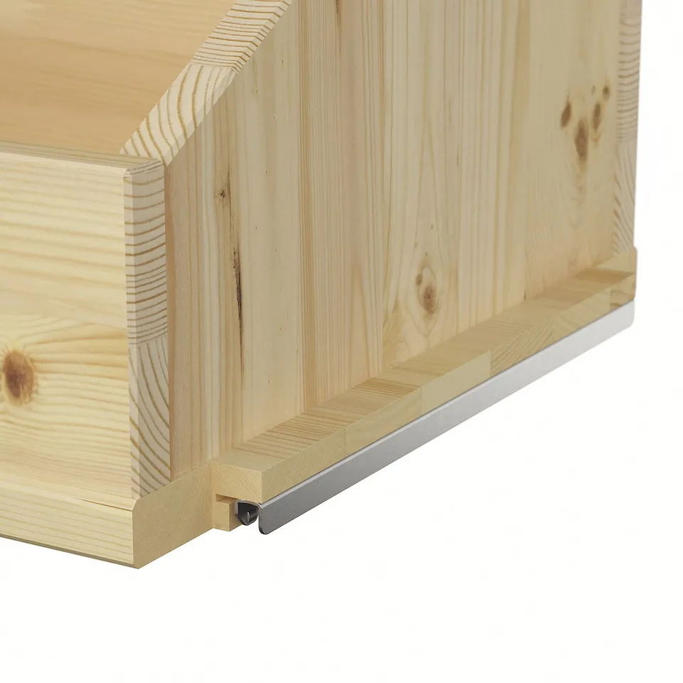 IVAR wooden shelf close-up, showcasing solid pine finish and robust metal connector.