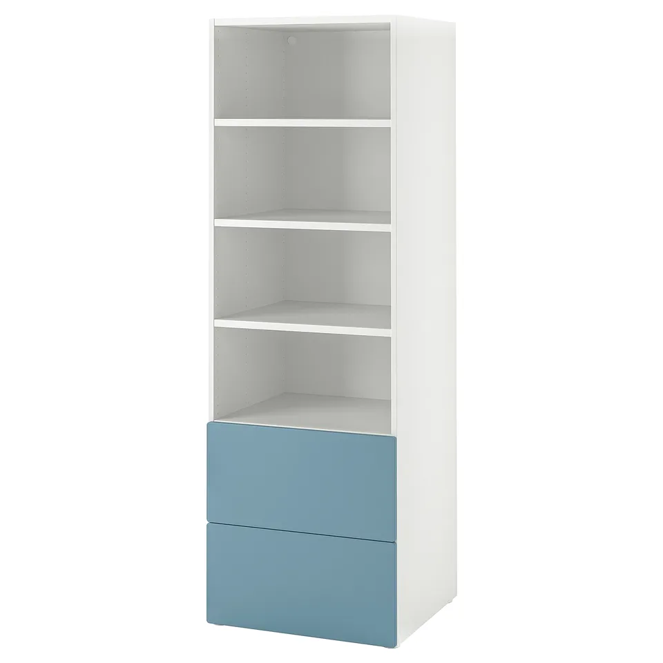 A SMÅSTAD bookcase in white with blue drawers. Its tall, narrow, and has four open shelves with two drawers at the bottom for additional storage.