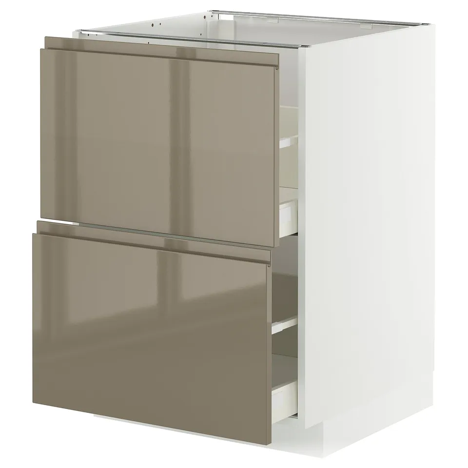 Modern kitchen cabinet with two dark grey-brown drawers, high gloss finish.