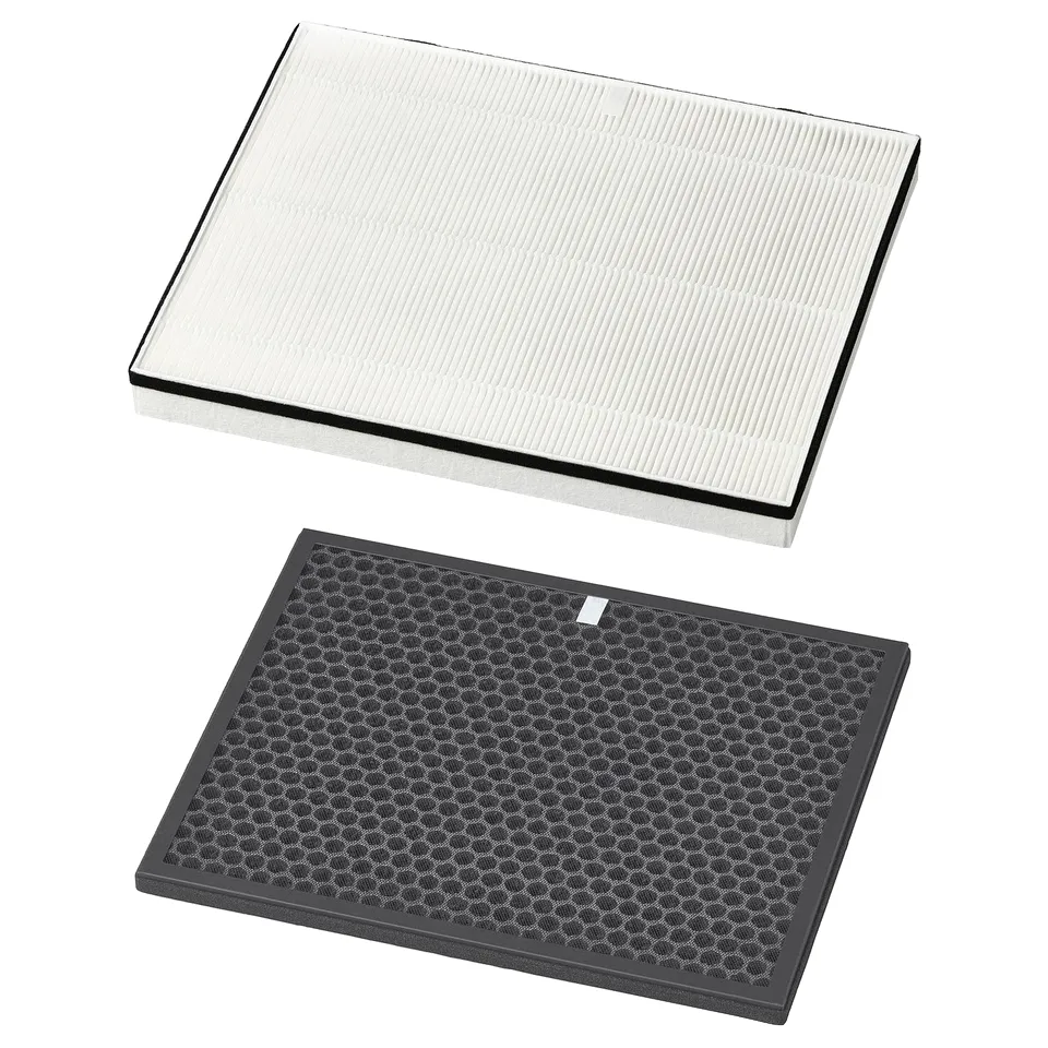 Two rectangular air philtres displayed. Top: white with vertical lines. Bottom: black with honeycomb pattern. Modern, sleek design.