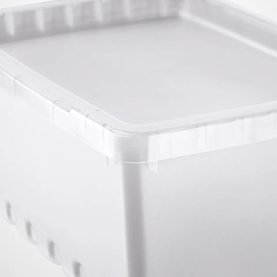 Clear, durable plastic container with secure lid, corner detail visible.
