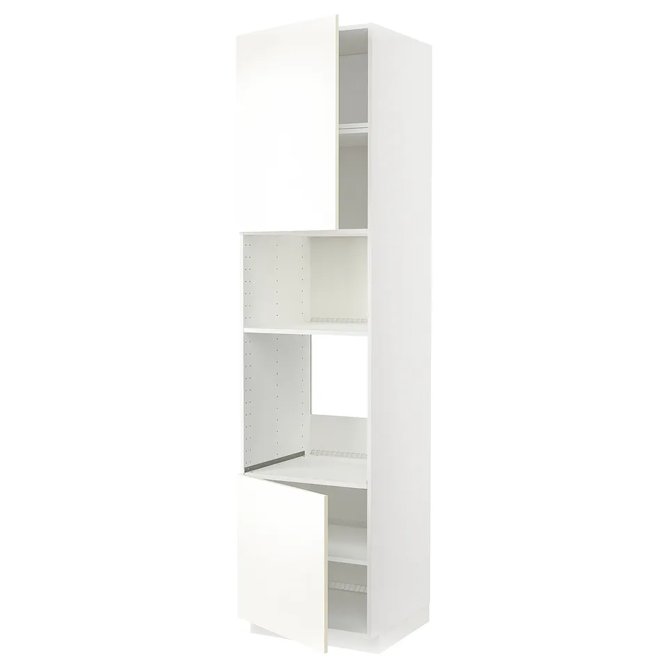 A tall, white ikea METOD kitchen cabinet with upper and lower sections, doors, and adjustable shelves.
