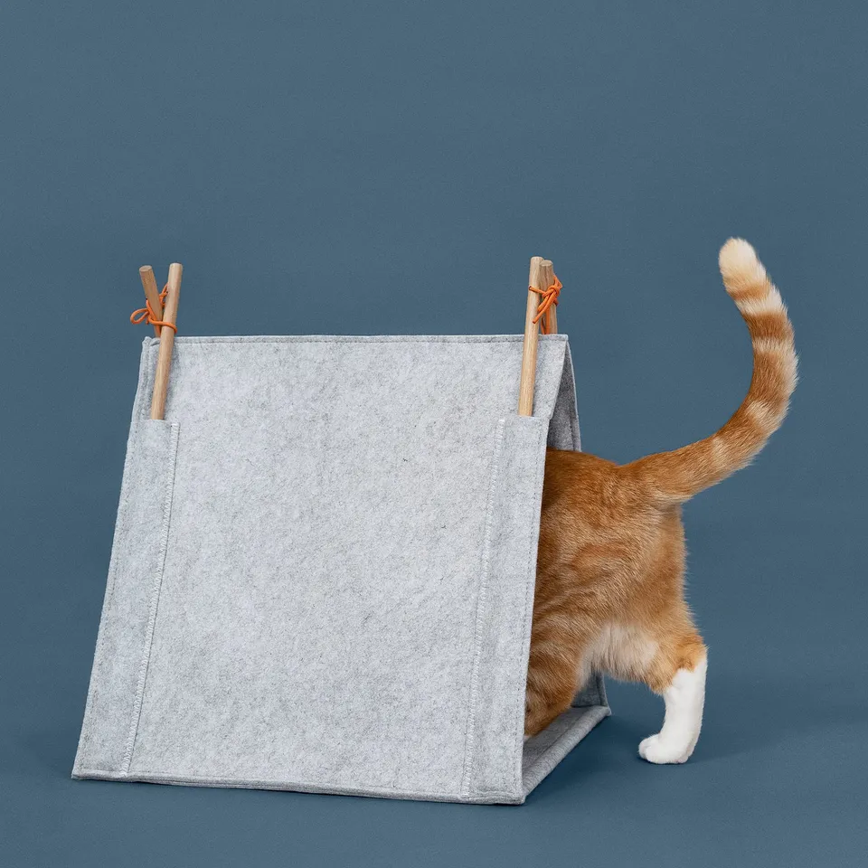 A cat stepping into a tent-shaped house with wooden sticks on top.