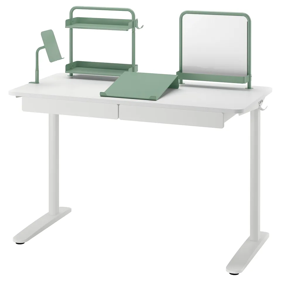 RELATERA white desk with green accessories, drawers, shelves, and holders. Modern design for study and work.