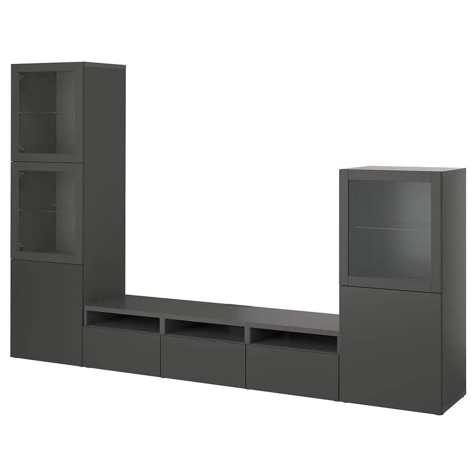 Modern dark grey BESTÅ tv stand and cabinet combo with sleek, smooth surfaces and glass doors, offering ample storage.