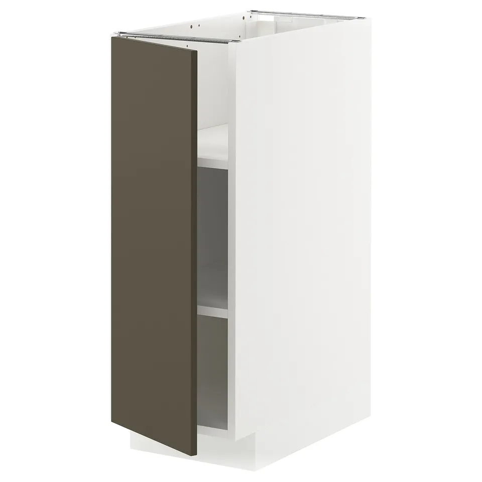 White and dark brown METOD kitchen cabinet with adjustable shelf.
