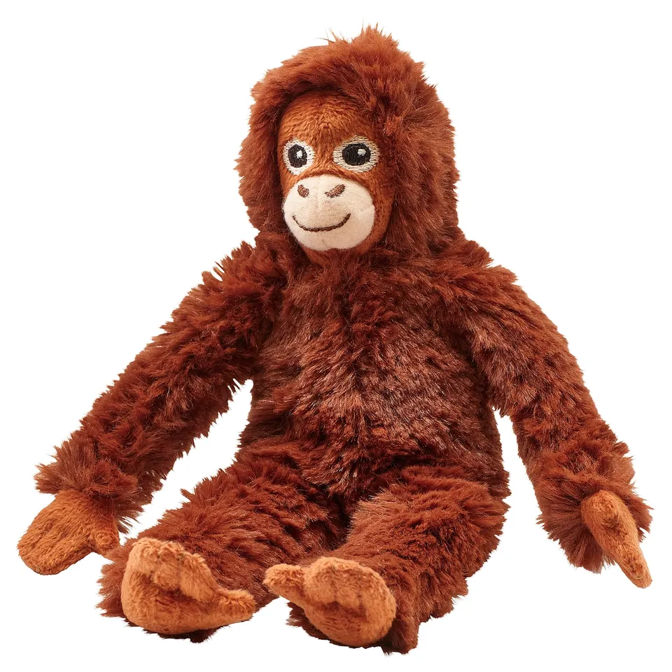 DJUNGELSKOG plush orangutan, brown, soft recycled polyester, huggable, smiling face, long arms and legs, sitting pose.