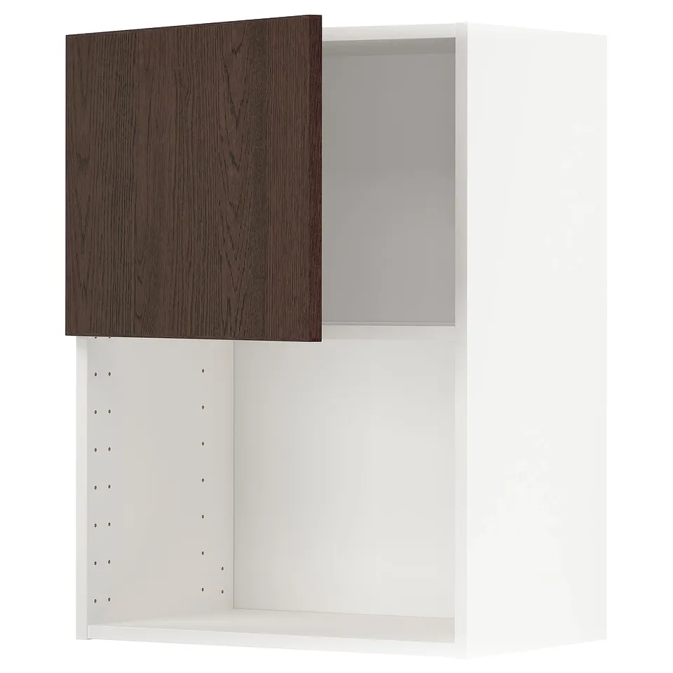 White and dark brown wooden kitchen cabinet, open.