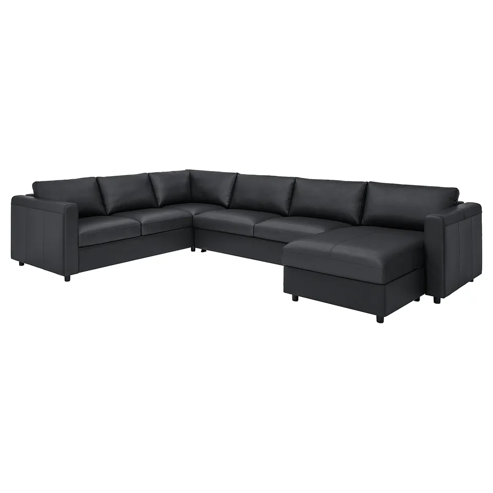 Dark grey VIMLE sectional sofa with chaise lounge. Modern, clean lines. Comfortable, versatile.