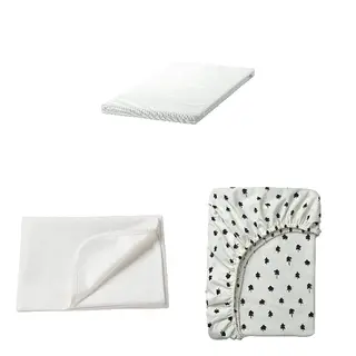 GRÖNFINK/LEN/PLUTTIG set: foam mattress for cot + mattress protector + fitted sheet for cot