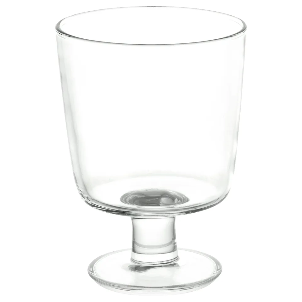 IKEA 365+ clear glass tumbler; wide shape, stemmed base; tempered glass.