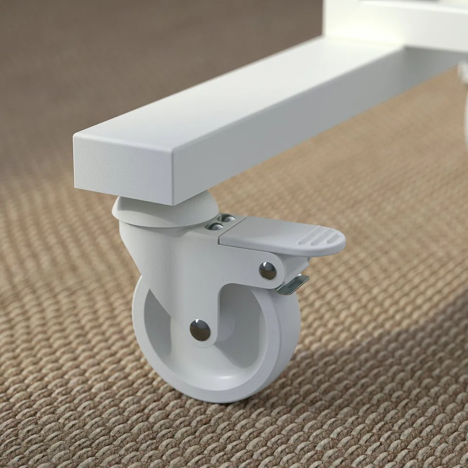 Close-up of a mobile office partitioning frame with lockable caster wheel on carpeted floor.