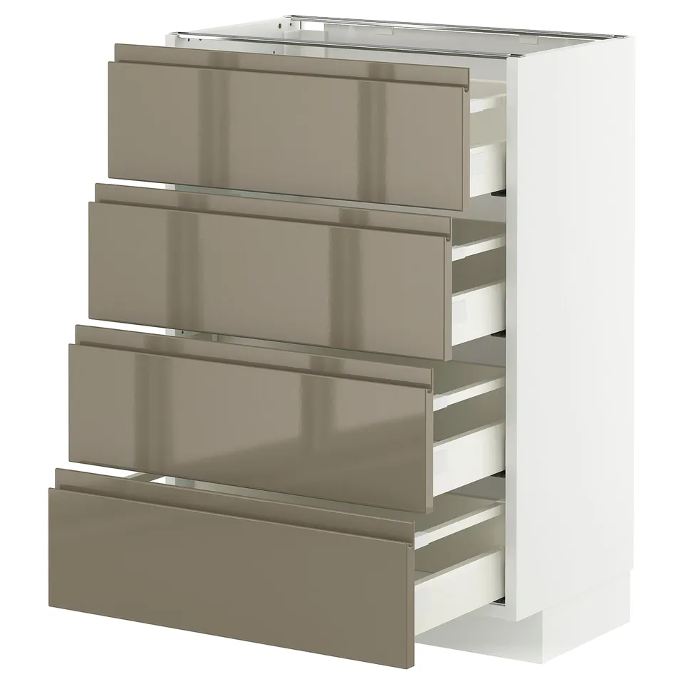 High gloss dark grey-brown kitchen drawers with integrated handles.
