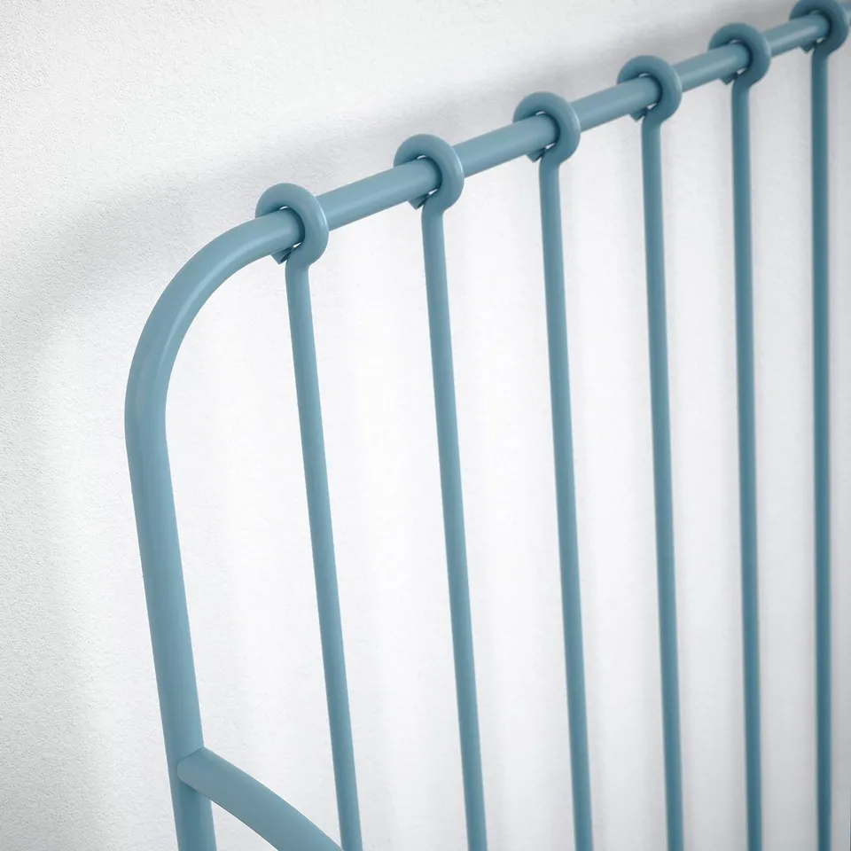 Blue metal bed frame - sturdy, extendable, kids comfort & safety can be shortened to: blue kids bed - sturdy, extendable, safe & comfy